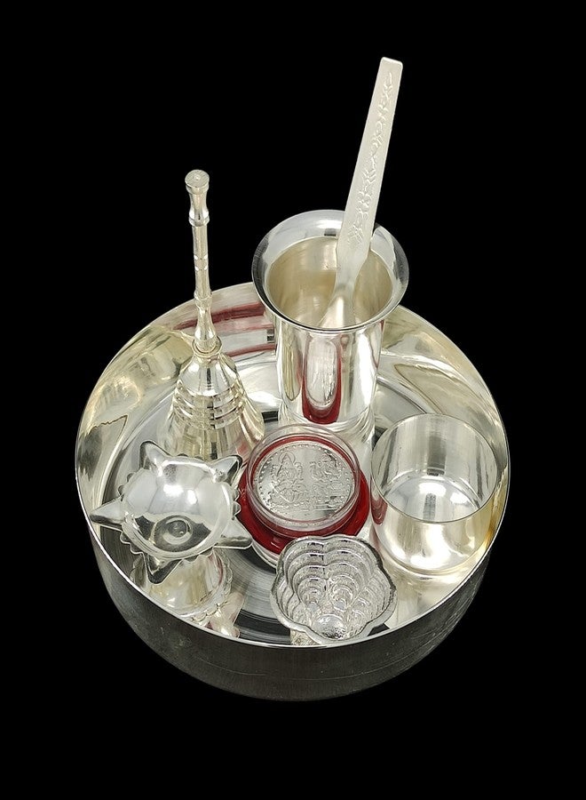 NOBILITY Silver Plated Pooja Thali Set Small 5 Inch Plate Kumkum Holder Diya Ghanti Glass Spoon Bowl Ganesha Laxmi Coin Premium Puja Decorative for Home Office Wedding Return Diwali Gift Items - Image 5