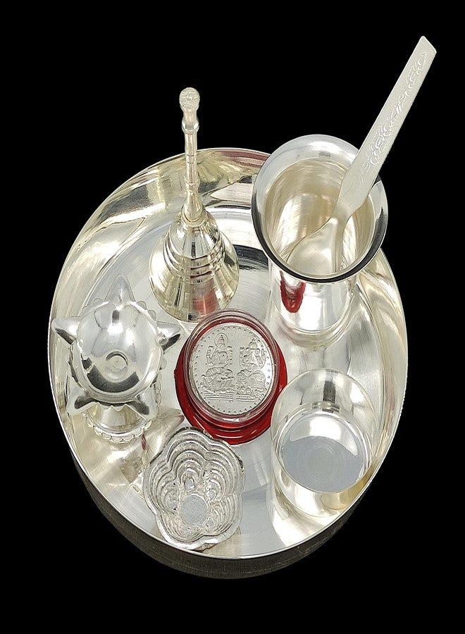NOBILITY Silver Plated Pooja Thali Set Small 5 Inch Plate Kumkum Holder Diya Ghanti Glass Spoon Bowl Ganesha Laxmi Coin Premium Puja Decorative for Home Office Wedding Return Diwali Gift Items - Image 2