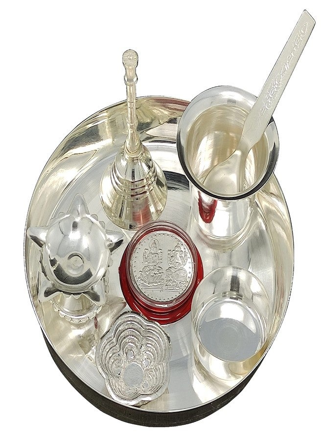 NOBILITY Silver Plated Pooja Thali Set Small 5 Inch Plate Kumkum Holder Diya Ghanti Glass Spoon Bowl Ganesha Laxmi Coin Premium Puja Decorative for Home Office Wedding Return Diwali Gift Items - Image 1