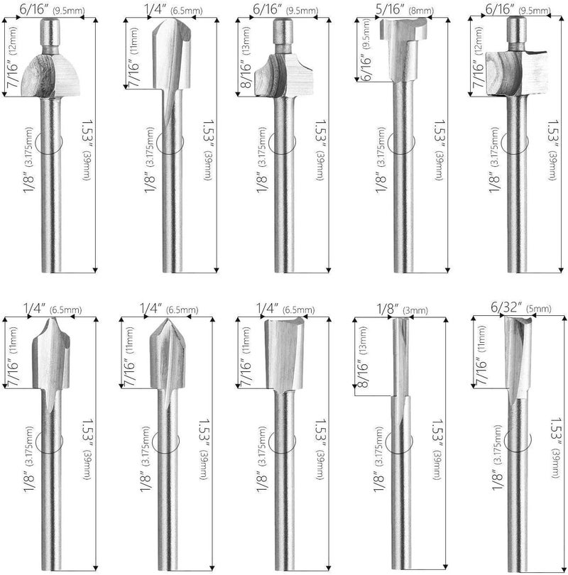 SPTA 10Pc HSS Router Carbide Engraving Bits & 10Pcs Router Bit 1/8"(3mm) Shank for Rotary Tools for DIY Woodworking, Carving, Engraving, Drilling - Image 2