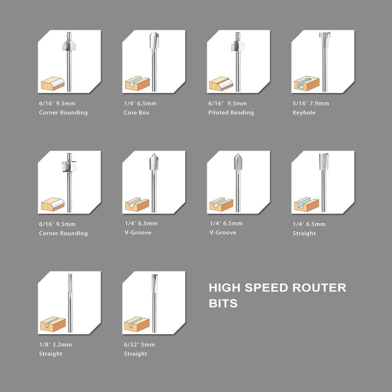 SPTA 10Pc HSS Router Carbide Engraving Bits & 10Pcs Router Bit 1/8"(3mm) Shank for Rotary Tools for DIY Woodworking, Carving, Engraving, Drilling - Image 3