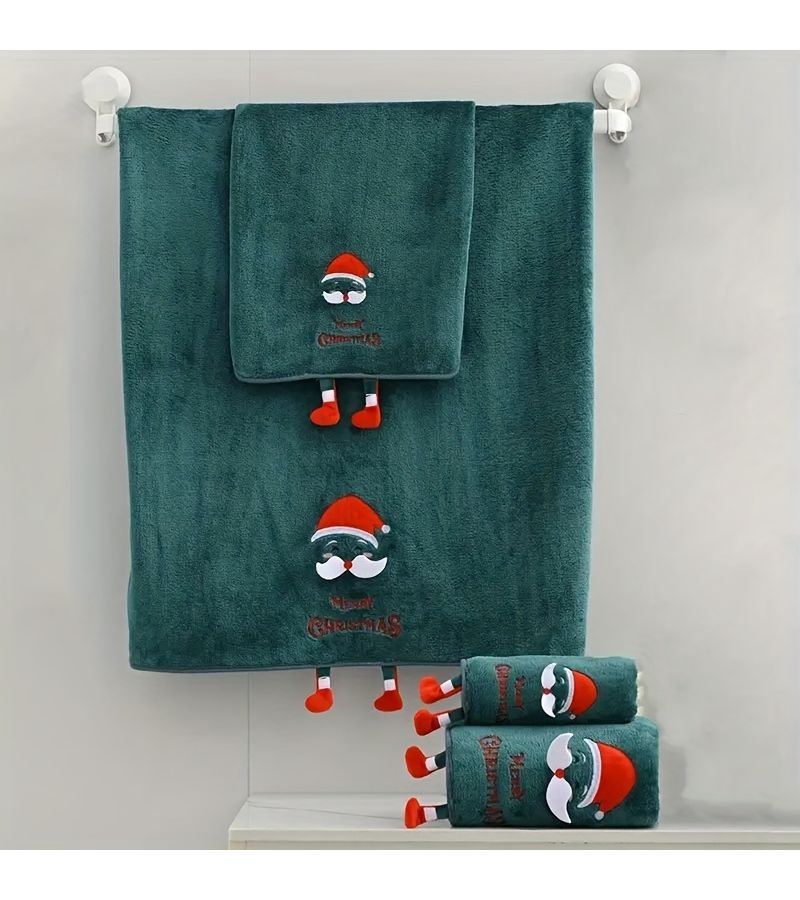 Reindeer Snowmen Santa Christmas Family Towel Set 2Pcs Ultra Soft Coral Fleece Quick Dry - Image 2