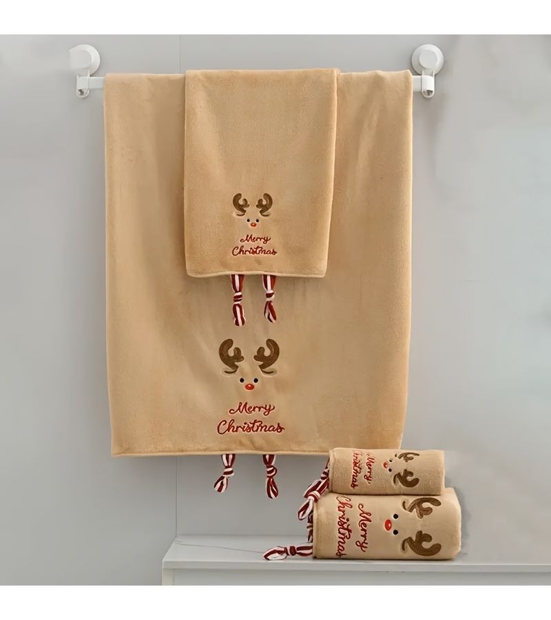 Reindeer Snowmen Santa Christmas Family Towel Set 2Pcs Ultra Soft Coral Fleece Quick Dry - Image 4