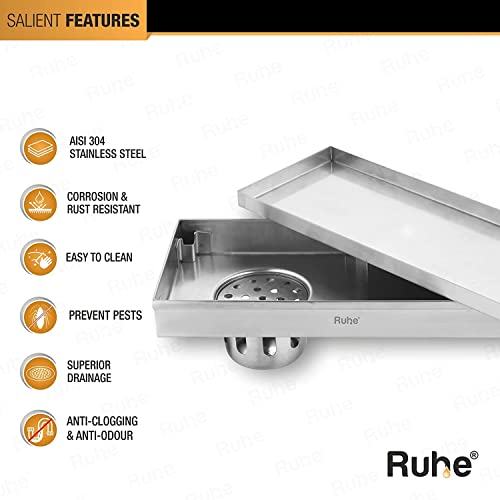 Ruhe® Tile Insert Shower Drain Channel | 18 x 5 Inches Waste Water Floor Drain for 13mm Tile | 304 Stainless Steel Invisible Shower Drain Channel | Drain Channel with Cockroach Trap and Side Hole - Image 3