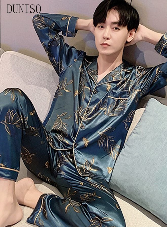 DUNISO 2-Piece Men's Pajamas Sets Long Sleeves Pants Silk Sleepwear Set Full Button-down Top with Notch Collar Shirt Loungewear Printing Homewear Green - Image 4