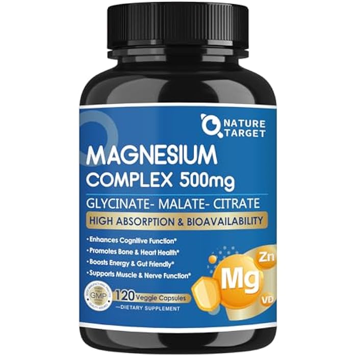 NATURE TARGET Magnesium Complex 500mg, Magnesium Glycinate, Malate & Citrate - High Absorption Chelated Triple Magnesium Supplement with Zinc, Vitamin D3 for Muscle, Nerve, Bone & Immune Support, Vegan 120 Capsules - Image 1