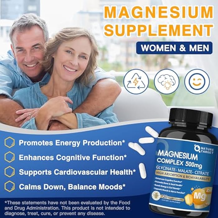 NATURE TARGET Magnesium Complex 500mg, Magnesium Glycinate, Malate & Citrate - High Absorption Chelated Triple Magnesium Supplement with Zinc, Vitamin D3 for Muscle, Nerve, Bone & Immune Support, Vegan 120 Capsules - Image 5