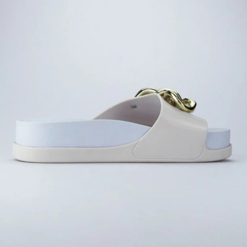 Voices Slide Soul Corrente 2K Women'S Anti Slip Sole  With Gold Chain Design Sandals - White