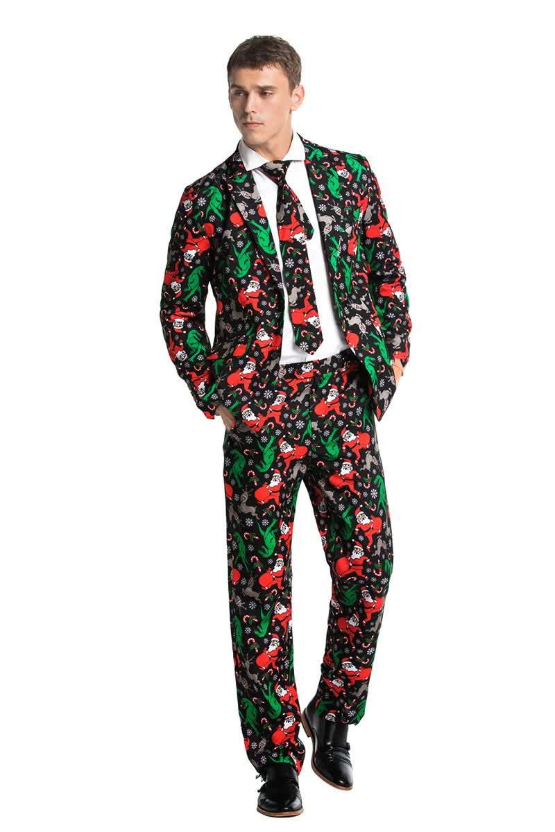 U LOOK UGLY TODAY Men's Christmas Party Suit Funny Costume Novelty Xmas Jacket Trousers with Tie Dinosantasaurus Rudolph! Large - Image 1