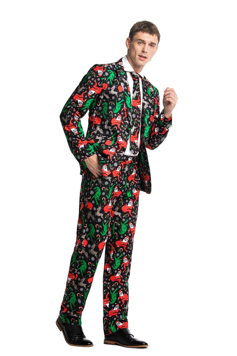 U LOOK UGLY TODAY Men's Christmas Party Suit Funny Costume Novelty Xmas Jacket Trousers with Tie Dinosantasaurus Rudolph! Large - Image 5