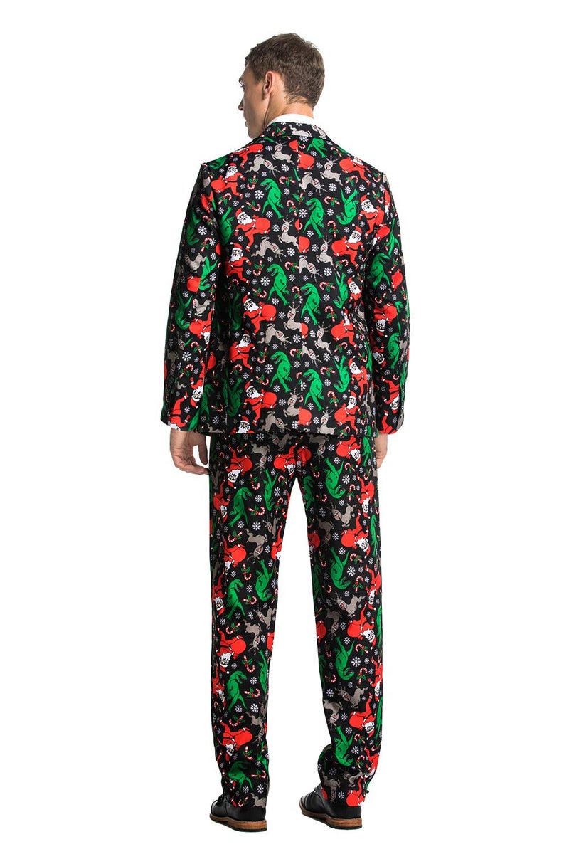 U LOOK UGLY TODAY Men's Christmas Party Suit Funny Costume Novelty Xmas Jacket Trousers with Tie Dinosantasaurus Rudolph! Large - Image 2