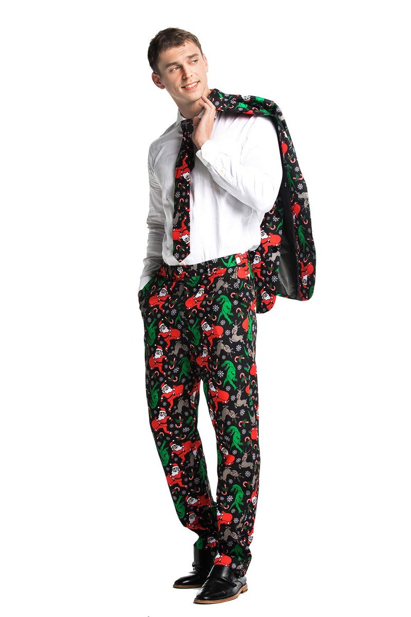 U LOOK UGLY TODAY Men's Christmas Party Suit Funny Costume Novelty Xmas Jacket Trousers with Tie Dinosantasaurus Rudolph! Large - Image 3