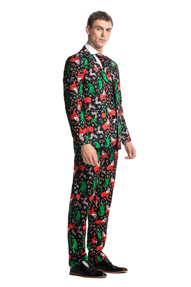 U LOOK UGLY TODAY Men's Christmas Party Suit Funny Costume Novelty Xmas Jacket Trousers with Tie Dinosantasaurus Rudolph! Large - Image 4