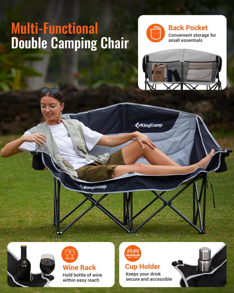 KingCamp Oversized Double Camping Chair, Heavy Duty 880lbs with Padded Seat & Cup Holders, 2 Person Loveseat Perfect for Outdoor Sports Family and Couples, Ideal for Lawn and Backyard, Black/Grey - Image 5
