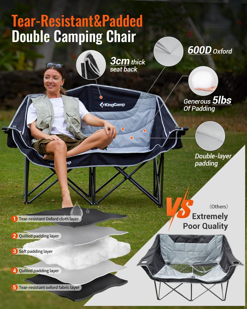 KingCamp Oversized Double Camping Chair, Heavy Duty 880lbs with Padded Seat & Cup Holders, 2 Person Loveseat Perfect for Outdoor Sports Family and Couples, Ideal for Lawn and Backyard, Black/Grey - Image 3