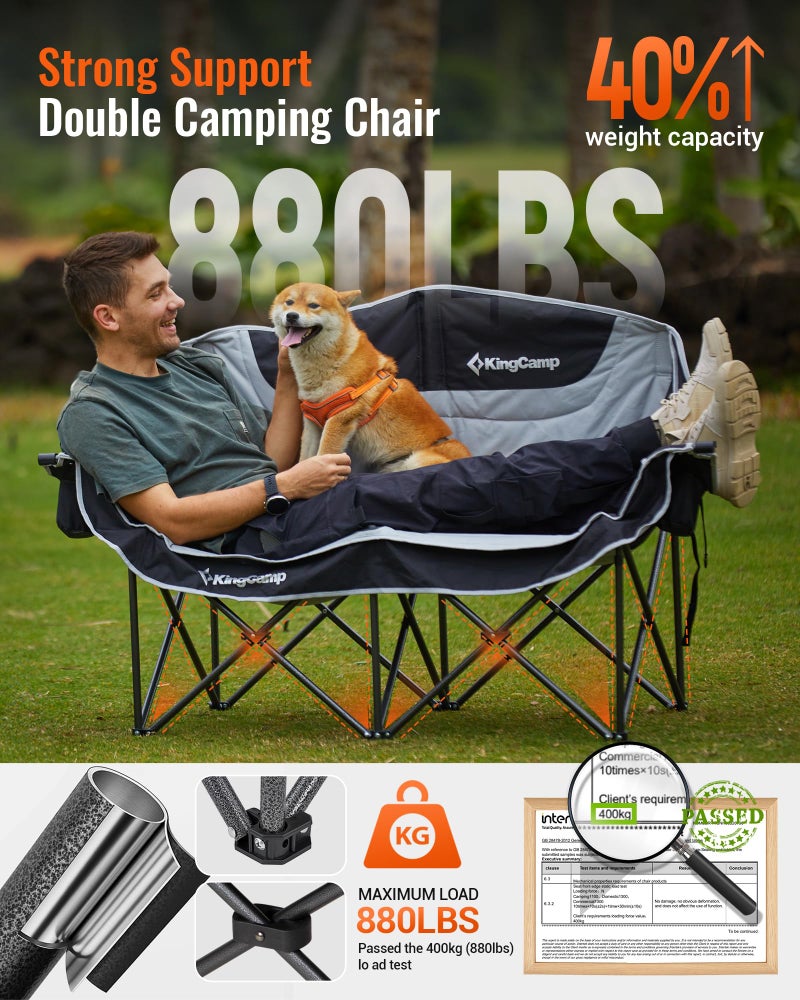 KingCamp Oversized Double Camping Chair, Heavy Duty 880lbs with Padded Seat & Cup Holders, 2 Person Loveseat Perfect for Outdoor Sports Family and Couples, Ideal for Lawn and Backyard, Black/Grey - Image 4