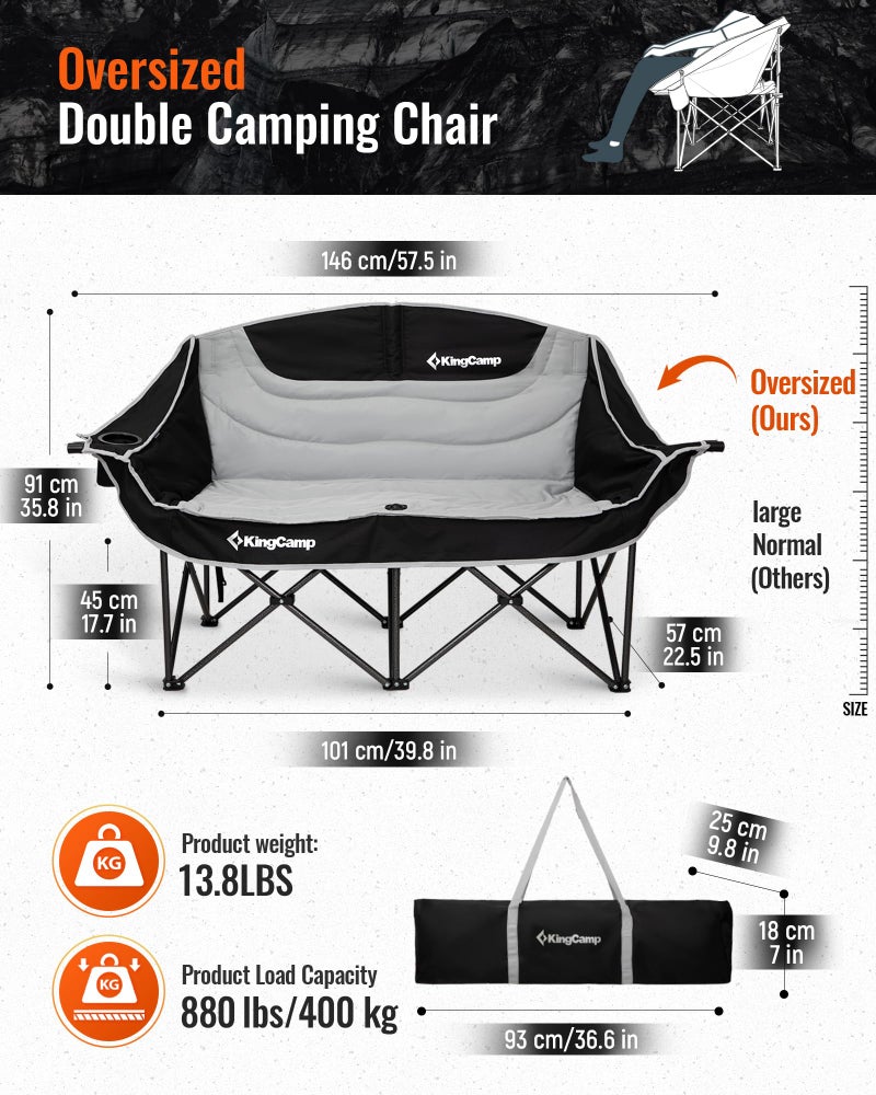 KingCamp Oversized Double Camping Chair, Heavy Duty 880lbs with Padded Seat & Cup Holders, 2 Person Loveseat Perfect for Outdoor Sports Family and Couples, Ideal for Lawn and Backyard, Black/Grey - Image 2