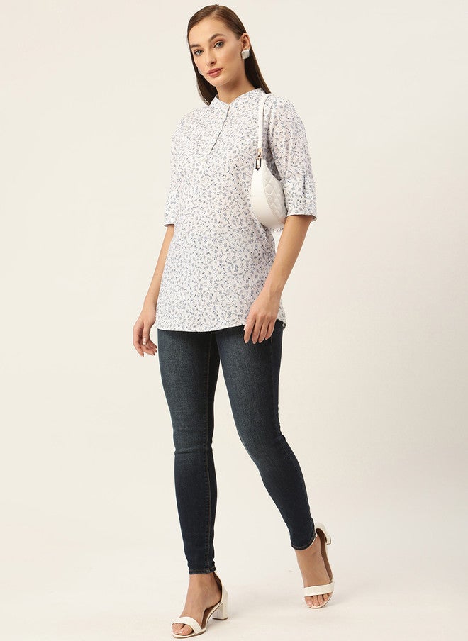 Rue Collection بلوزة نسائية بتصميم قميص مزخرف بألوان الأوف وايت والرمادي - Image 5