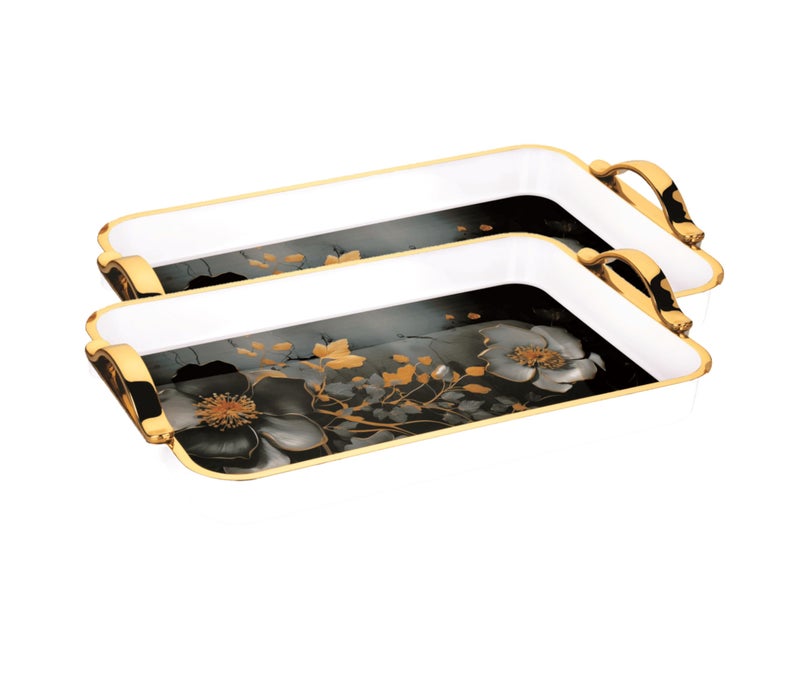 Nabhya Glamour 2pc Set Flower Printed Serving Tray Plastic Material BPA Free Tray with Handle for Tea,Coffee,Snack,Kitchen & Dining Table Home Décor (White & Gold, Small - 2 Pieces) - Image 1