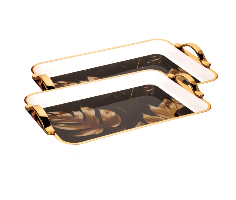 Nabhya Glamour 2pc Set Flower Printed Serving Tray Plastic Material BPA Free Tray with Handle for Tea,Coffee,Snack,Kitchen & Dining Table Home Décor (White & Gold, Small - 2 Pieces) - Image 2