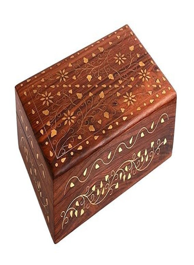 DECTEMS Beautiful Wooden Keepsake Decorative Jewellery Box Trinket Storage Organizer with Floral Brass Inlay and Velvet Interior for Women 8x5 Inch - Image 1