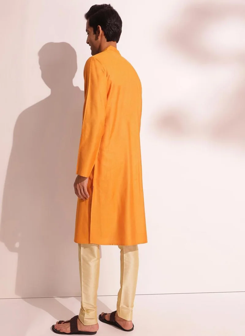 فاب انديا Yellow Viscose Silk Woven Long Kurta