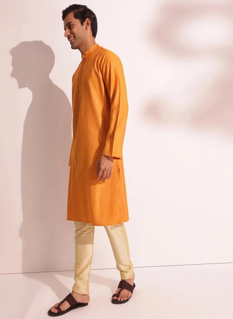 فاب انديا Yellow Viscose Silk Woven Long Kurta