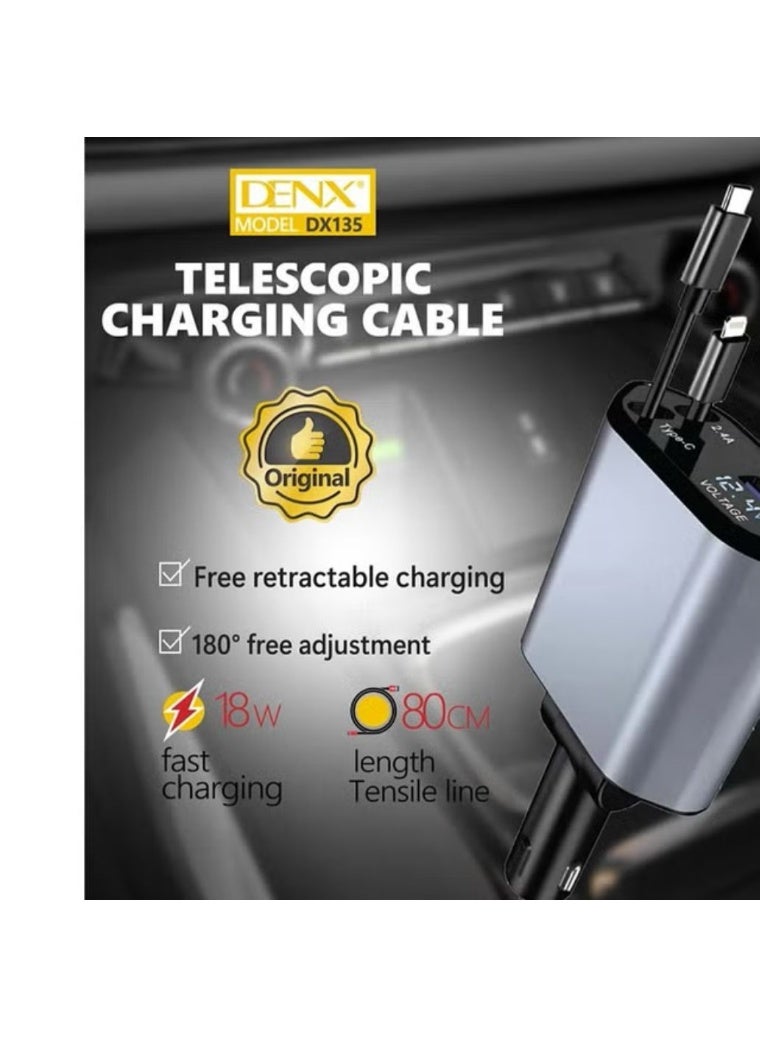 Denx 4 in 1 Retractable Car Charger 18W Compatible with Android and IOS Devices Fast Car Power Adapter 80cm Type C Cables 18W USB Output and Display - Image 5