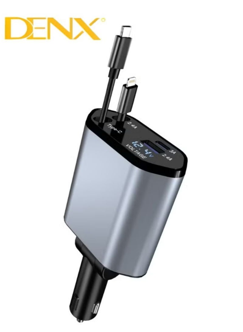 Denx 4 in 1 Retractable Car Charger 18W Compatible with Android and IOS Devices Fast Car Power Adapter 80cm Type C Cables 18W USB Output and Display - Image 2
