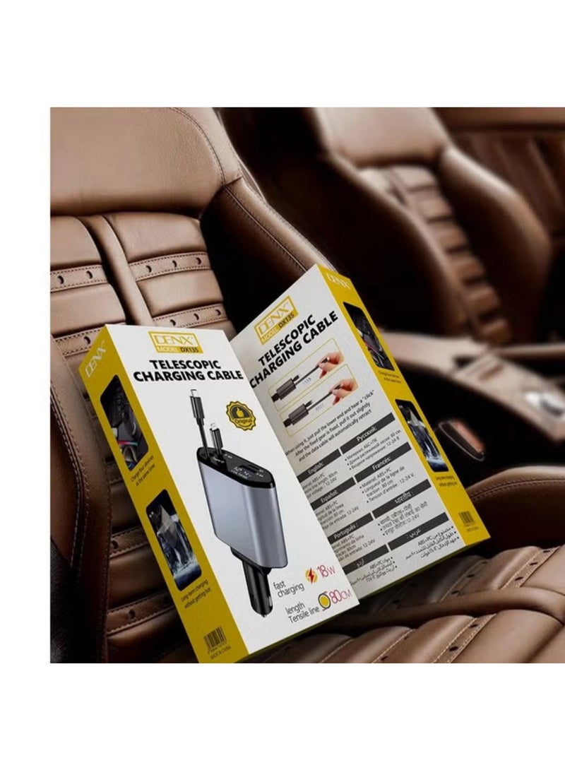 Denx 4 in 1 Retractable Car Charger 18W Compatible with Android and IOS Devices Fast Car Power Adapter 80cm Type C Cables 18W USB Output and Display - Image 4