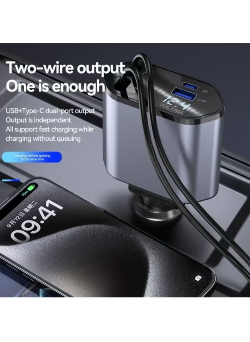 Denx 4 in 1 Retractable Car Charger 18W Compatible with Android and IOS Devices Fast Car Power Adapter 80cm Type C Cables 18W USB Output and Display - Image 1