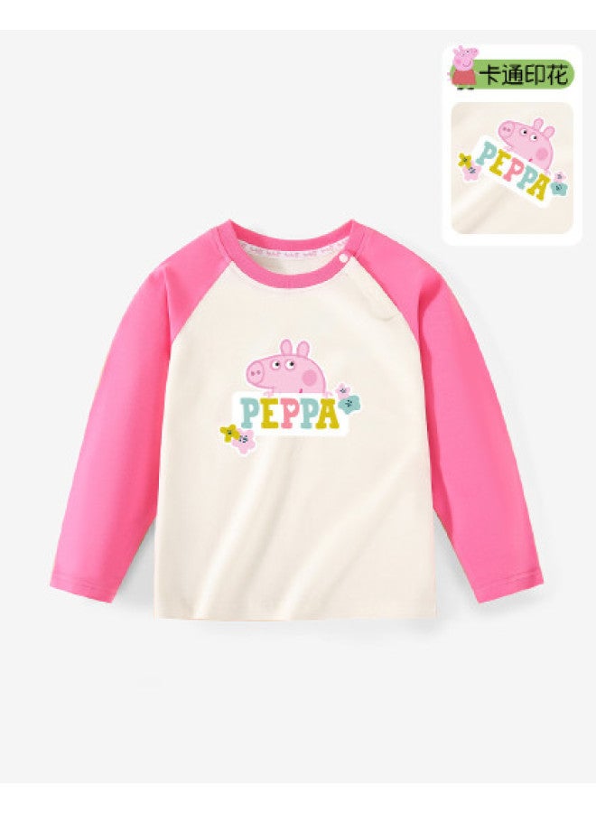 Peppa Pig spring Girls' Color-blocked Cartoon Long-sleeve T-shirt - Stretchy, Breathable Kids' Casual Tee - Image 1
