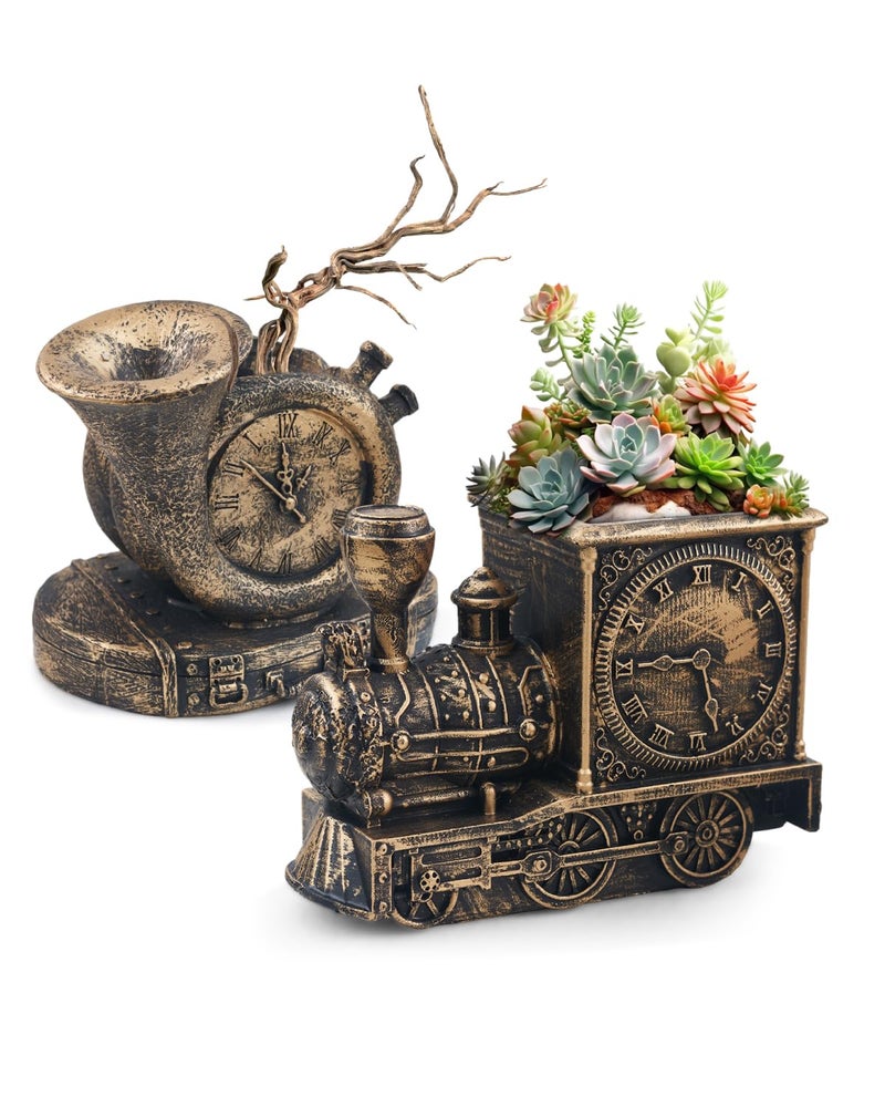 godealio Retro-Style Succulent Pots with Drainage, Indoor/Outdoor Planter, Nostalgic Cactus/Bonsai Garden Pots for Home Decoration and Office Desk Decoration, Vintage Artwork (2 Piece Set) (Bronze-Colored) - Image 1