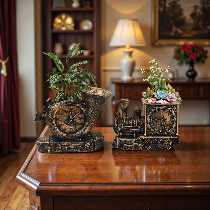 godealio Retro-Style Succulent Pots with Drainage, Indoor/Outdoor Planter, Nostalgic Cactus/Bonsai Garden Pots for Home Decoration and Office Desk Decoration, Vintage Artwork (2 Piece Set) (Bronze-Colored) - Image 2