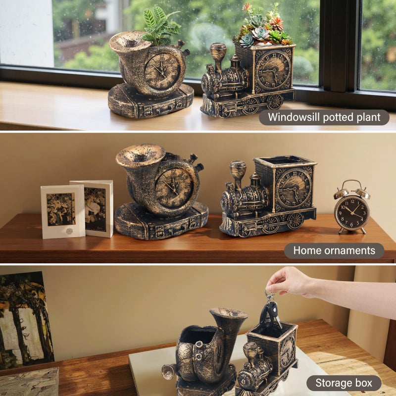 godealio Retro-Style Succulent Pots with Drainage, Indoor/Outdoor Planter, Nostalgic Cactus/Bonsai Garden Pots for Home Decoration and Office Desk Decoration, Vintage Artwork (2 Piece Set) (Bronze-Colored) - Image 3