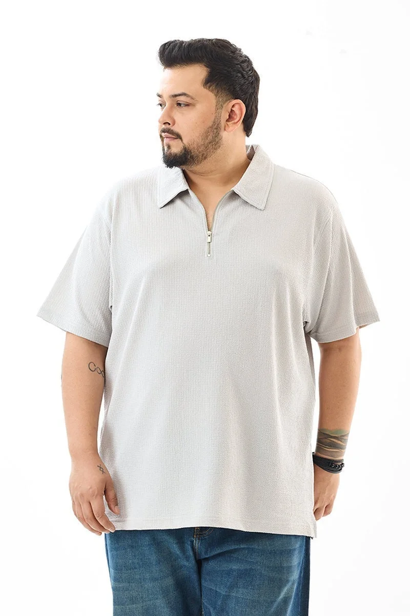 SNITCH Regular Fit Textured Light Grey Plus Size Polo T-Shirt
