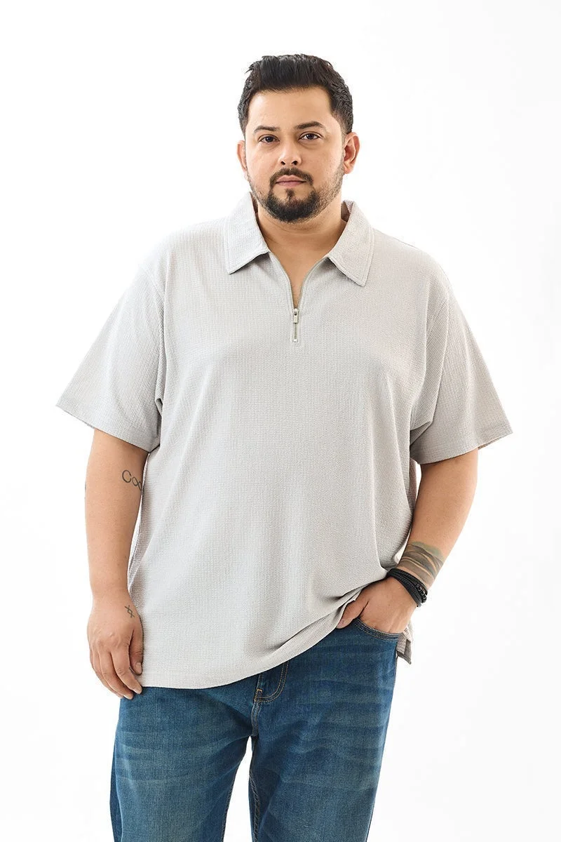 SNITCH Regular Fit Textured Light Grey Plus Size Polo T-Shirt