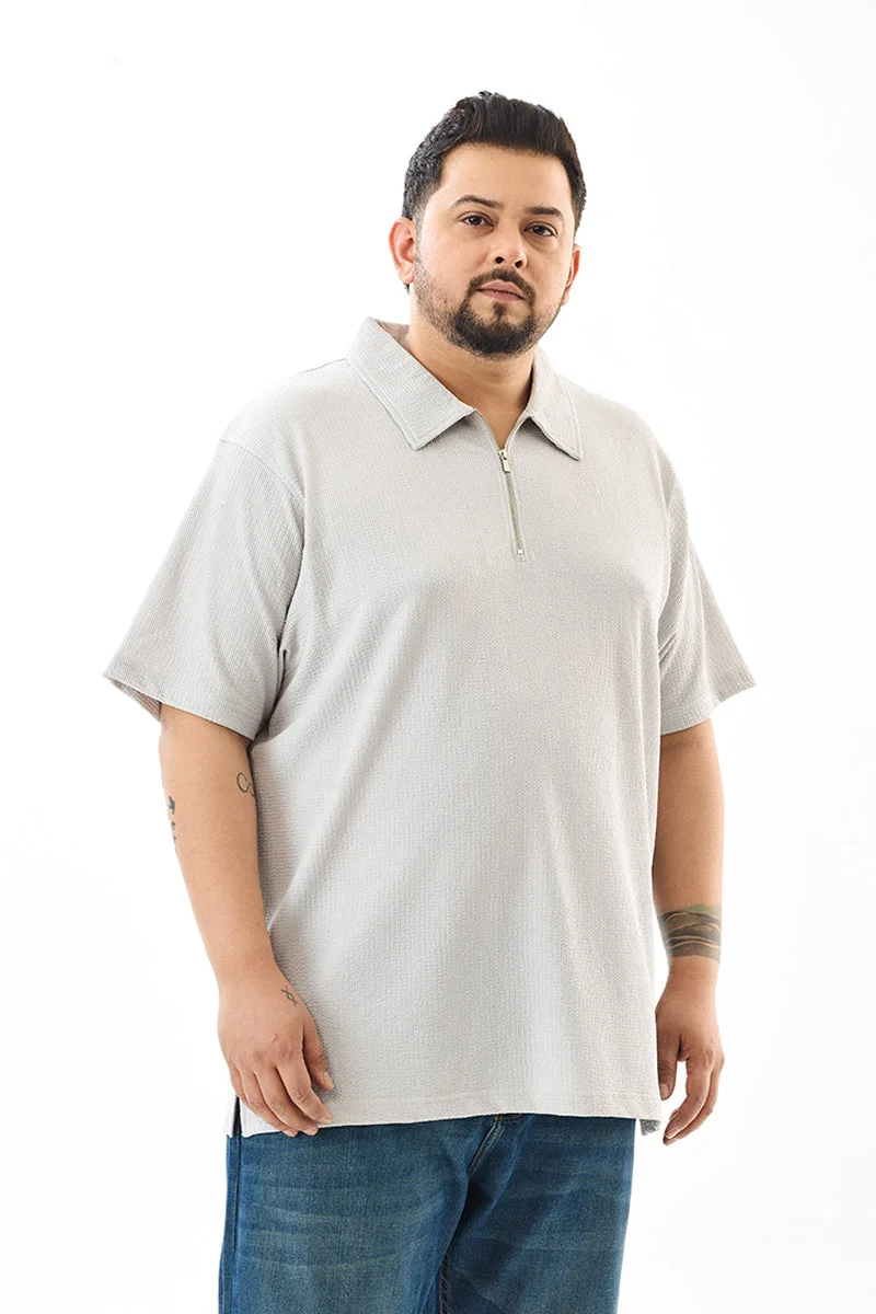 سنيتش Regular Fit Textured Light Grey Plus Size Polo T-Shirt