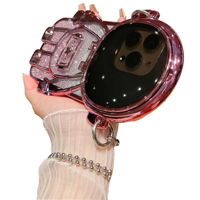 QoKcoahn Astronaut Hidden Stand Phone Case for iPhone 14 Pro Max,Cute 3D Astronaut Lens Camera Protection Kickstand Luxury Glitter Bling Soft TPU Protector with Mirror Metal Chain for Women Pink - Image 1