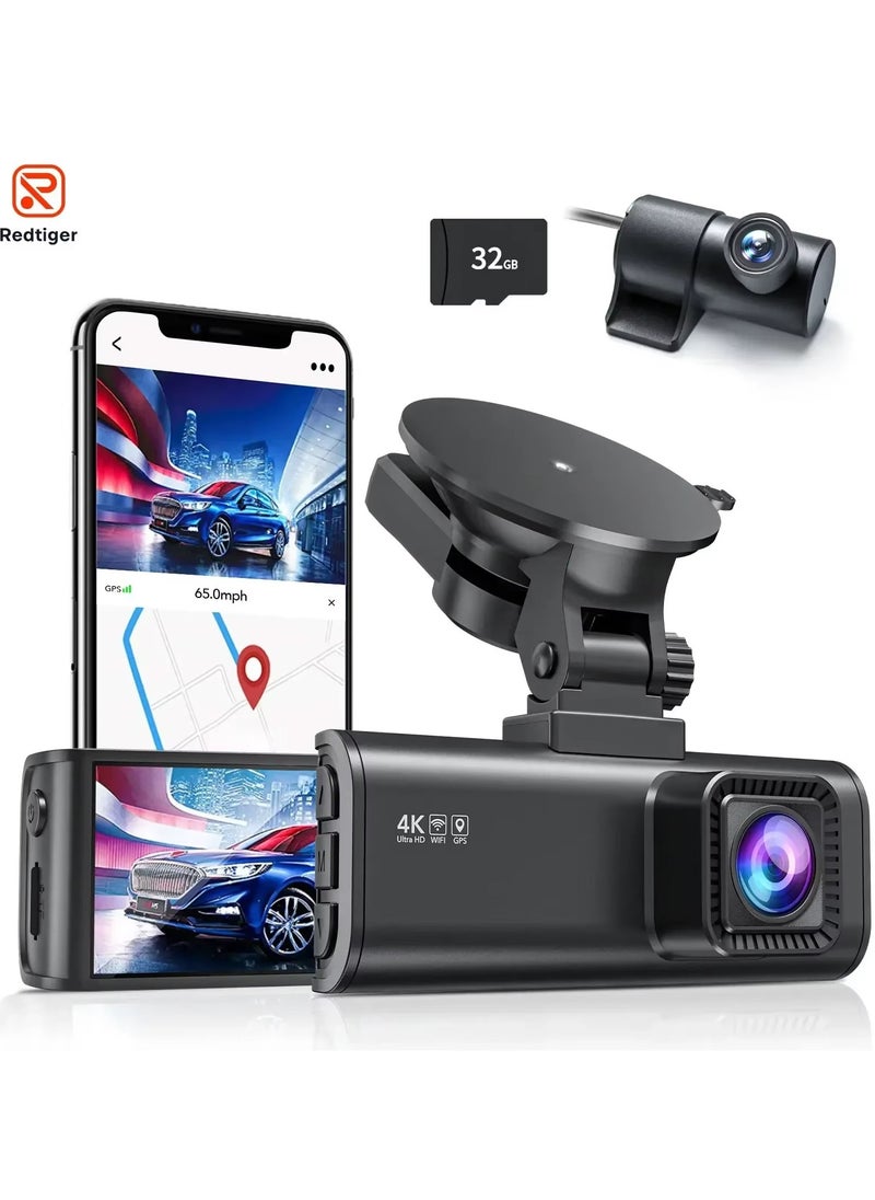 REDTIGER - 4K Dash Cam Front and Rear Inside Car | Dual Dash Camera for Cars with Super Night Vision, Built-in GPS & 24/7 Parking Monitor | 5G WiFi, App Control, 32GB SD Card Included - Image 1