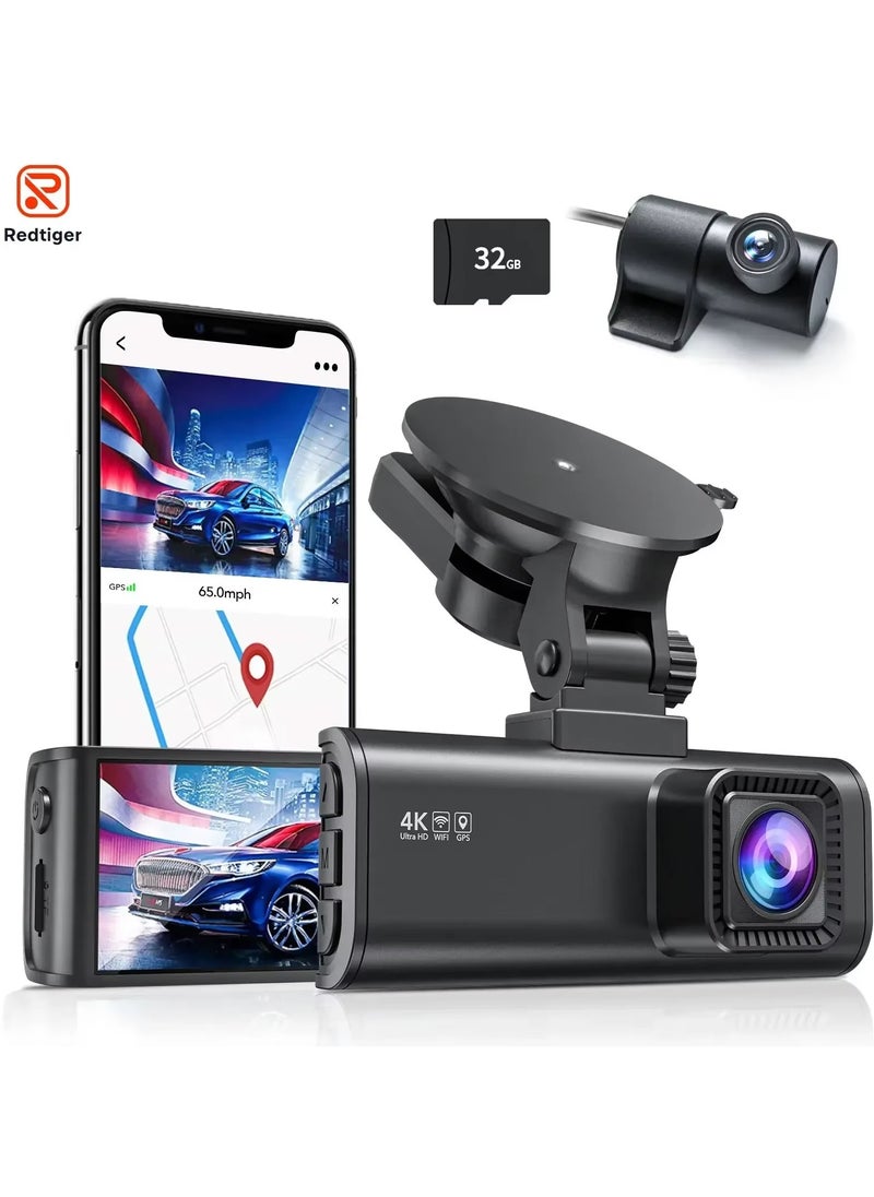 REDTIGER - 4K Dash Cam Front and Rear Inside Car | Dual Dash Camera for Cars with Super Night Vision, Built-in GPS & 24/7 Parking Monitor | 5G WiFi, App Control, 32GB SD Card Included - Image 1