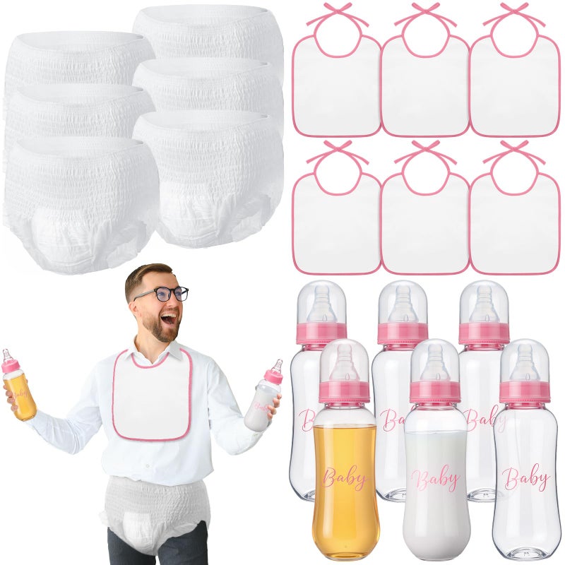 giftlyze 6 Sets Bottle Chug Baby Shower Games Juegos Para Plastic Baby Bottles Bibs Disposable Diapers Gender Reveal Games Baby Changing Diaper Race Game Decoration (Pink) - Image 1