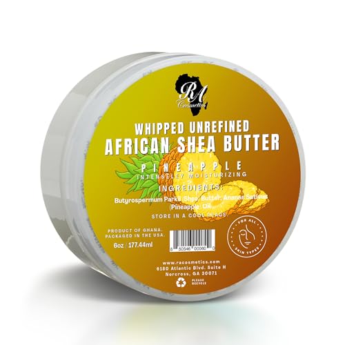 زبدة الشيا المخفوقة من RA COSMETICS بنكهة الأناناس 6 أونصات 100% زبدة شيا طبيعية أفريقية للرجال والنساء مرطب يدوي الصنع مع الفيتامينات الأساسية لبشرة متألقة