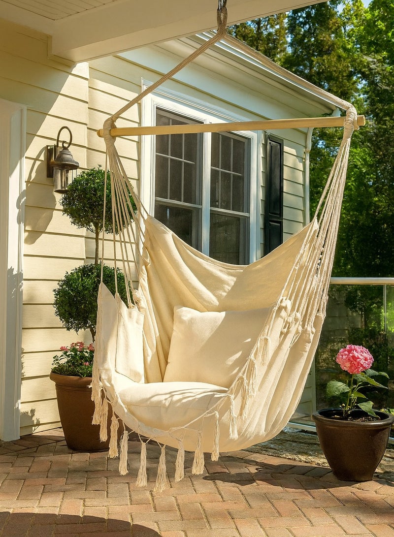 Harmony Home أرجوحة قماش السفر من هارموني هوم - أرجوحة حديقة رياضية في السكن الجامعي وغرفة النوم - كرسي معلق - أرجوحة خارجية - كرسي أرجوحة مع حبل - أفضل خيار للأرجوحة الداخلية والخارجية - بيج - Image 1