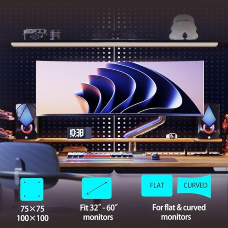 ذراع شاشة RGB لشاشة كمبيوتر منحنية فائقة الاتساع مقاس 32 إلى 60 بوصة، حامل فولاذي عالي التحمل، أرجواني، أقصى حمولة 20 كجم، تركيب حلقة تثبيت على شكل حرف C، VESA 75/100 مم - Image 2