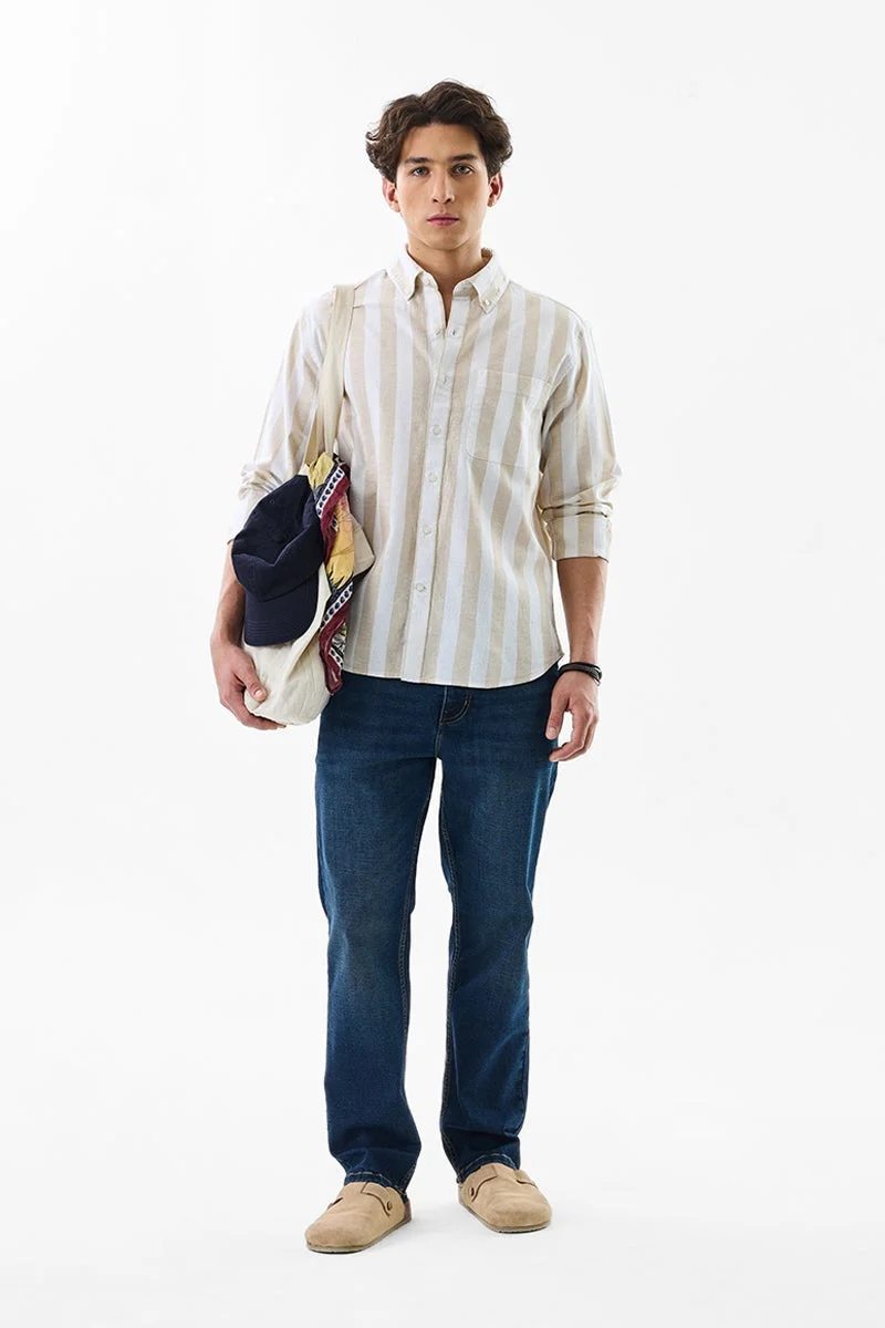 SNITCH Beige Striped Long Sleeve Regular Fit Shirt