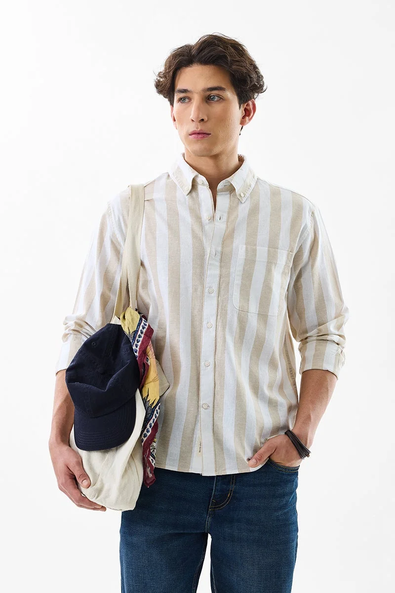 SNITCH Beige Striped Long Sleeve Regular Fit Shirt