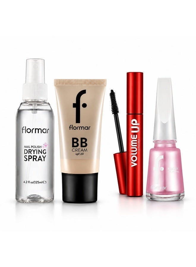 Flormar Beauty Essentials Set – BB Cream 002 SPF 20, Volume Up Mascara, Nail Polish Drying Spray 125 ml & Pearly Nail Enamel PL118 - Image 1