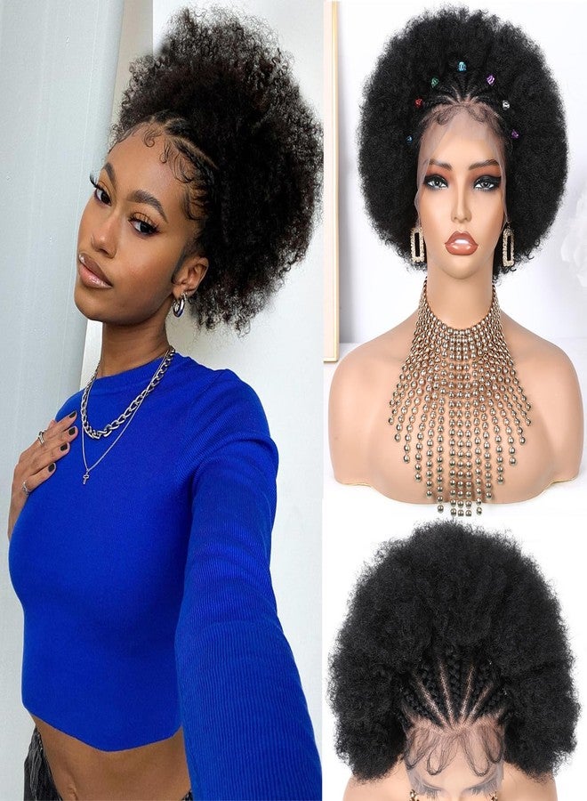 WIGER Glueless Braided Wigs for Black Women Cornrow Braided Full Lace Wigs 13x4 Kinky Curly Wig Afro Puff Lace Frontal Hair Wigs Pre Plucked Synthetic African American Wig for Daily Wear - Image 1