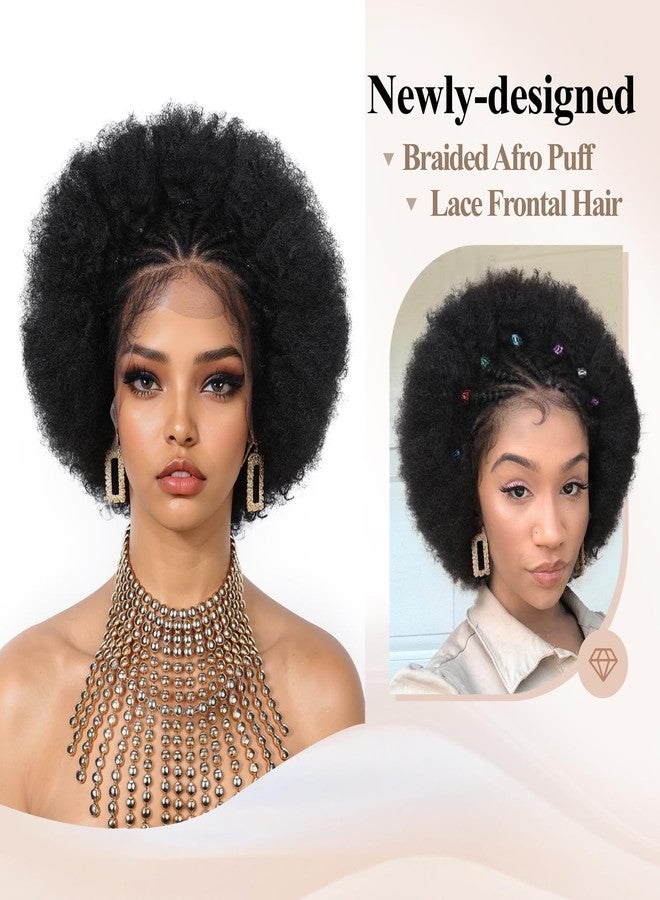 WIGER Glueless Braided Wigs for Black Women Cornrow Braided Full Lace Wigs 13x4 Kinky Curly Wig Afro Puff Lace Frontal Hair Wigs Pre Plucked Synthetic African American Wig for Daily Wear - Image 3